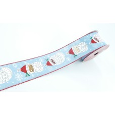 2.5 Inch Blue Wired Christmas Ribbon With Santa Faces and Red Edges, 25 Feet Per Spool (Lot of 1 Spool) SALE ITEM